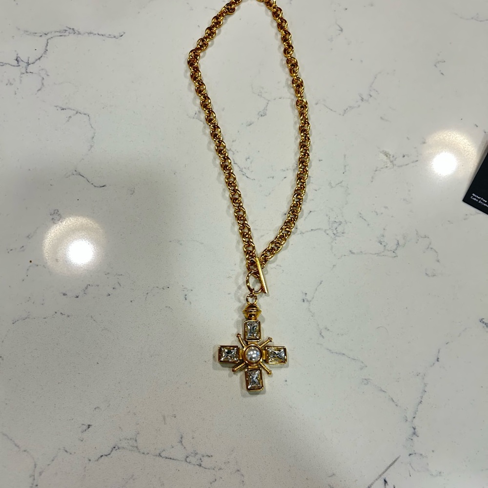 Gold Cross Pendant Necklace with Crystal Accents